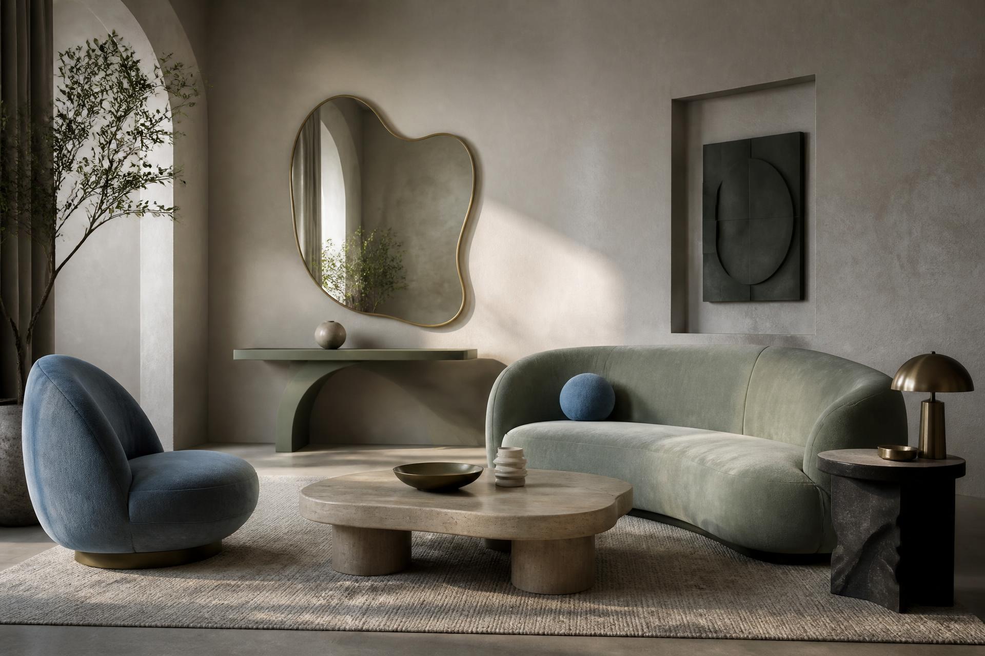 Sculptural wavy mirror in a modern living room